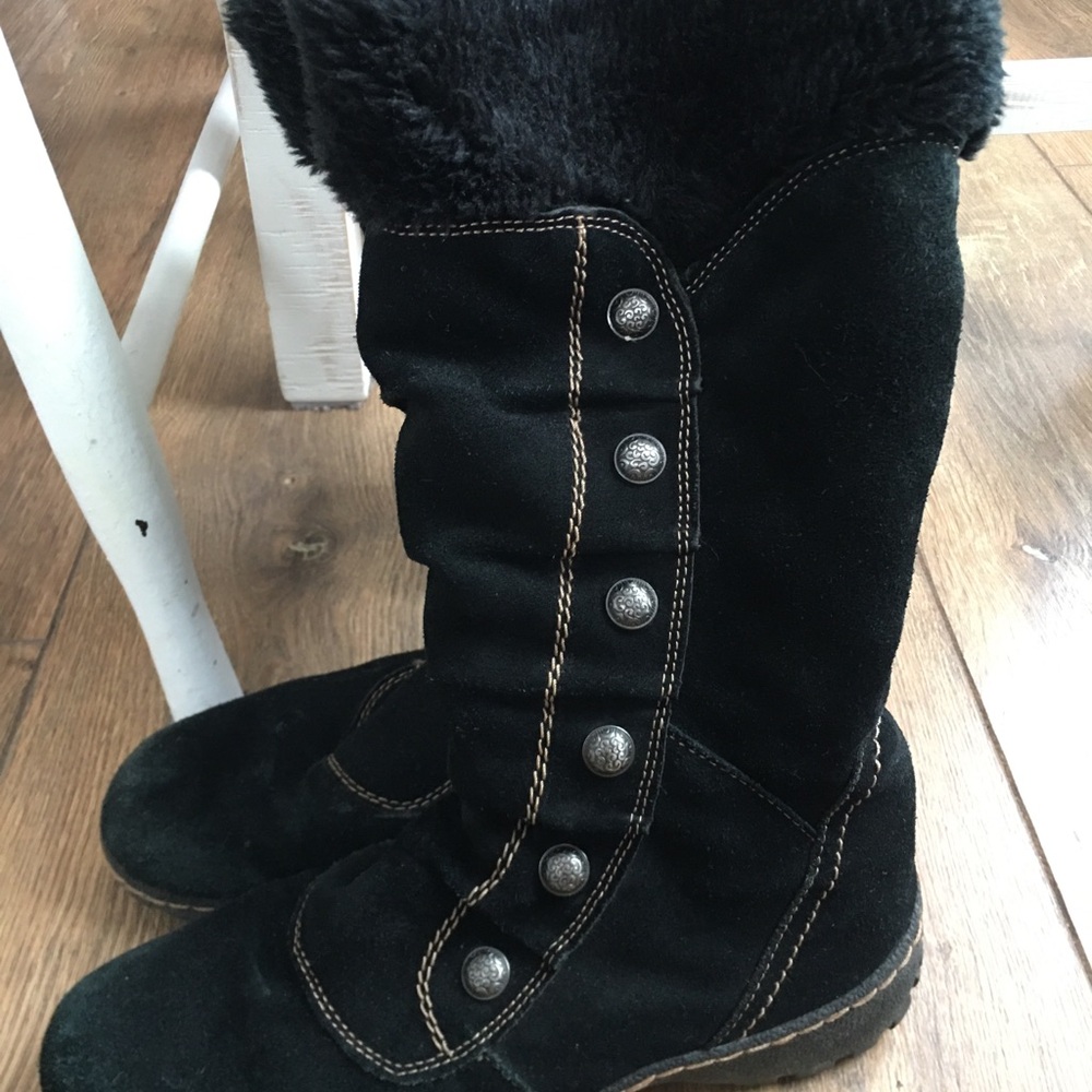 Black Suede Women's Boots with Button Detail